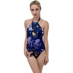 Marine Seamless Pattern Thin Line Memphis Style Go With The Flow One Piece Swimsuit by BangZart