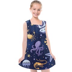 Marine Seamless Pattern Thin Line Memphis Style Kids  Cross Back Dress by BangZart