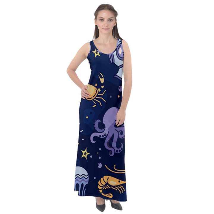 Marine seamless pattern thin line memphis style Sleeveless Velour Maxi Dress