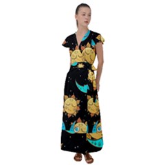 Seamless Pattern With Sun Moon Children Flutter Sleeve Maxi Dress by BangZart