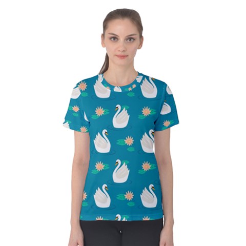 Elegant Swan Pattern With Water Lily Flowers Women s Cotton Tee by BangZart