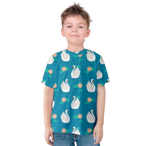 Elegant Swan Pattern With Water Lily Flowers Kids  Cotton Tee by BangZart