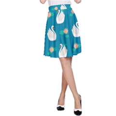 Elegant Swan Pattern With Water Lily Flowers A-line Skirt