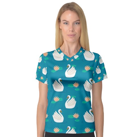 Elegant Swan Pattern With Water Lily Flowers V-neck Sport Mesh Tee by BangZart