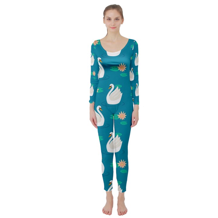 Elegant swan pattern with water lily flowers Long Sleeve Catsuit