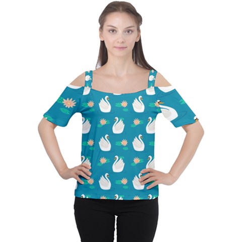 Elegant Swan Pattern With Water Lily Flowers Cutout Shoulder Tee by BangZart