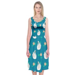 Elegant Swan Pattern With Water Lily Flowers Midi Sleeveless Dress by BangZart