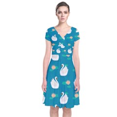 Elegant Swan Pattern With Water Lily Flowers Short Sleeve Front Wrap Dress by BangZart