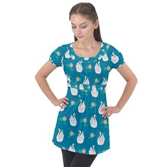 Elegant Swan Pattern With Water Lily Flowers Puff Sleeve Tunic Top by BangZart