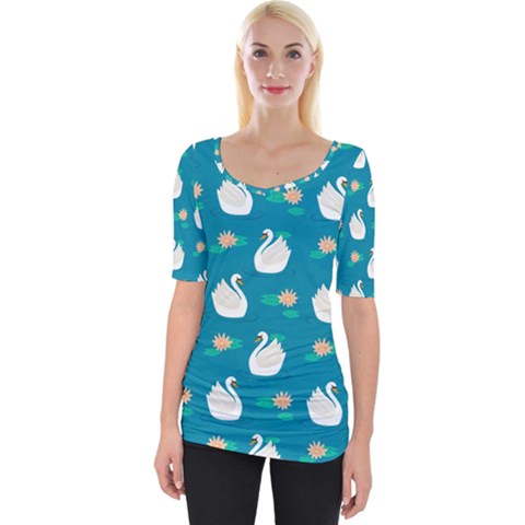 Elegant Swan Pattern With Water Lily Flowers Wide Neckline Tee by BangZart