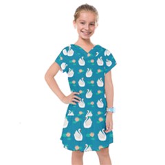 Elegant Swan Pattern With Water Lily Flowers Kids  Drop Waist Dress by BangZart