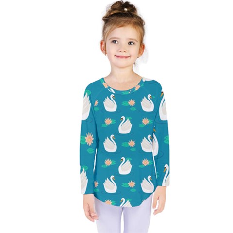 Elegant Swan Pattern With Water Lily Flowers Kids  Long Sleeve Tee by BangZart