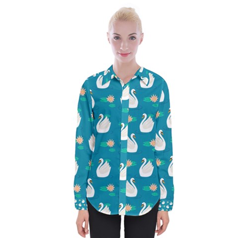 Elegant Swan Pattern With Water Lily Flowers Womens Long Sleeve Shirt by BangZart