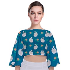 Elegant Swan Pattern With Water Lily Flowers Tie Back Butterfly Sleeve Chiffon Top by BangZart