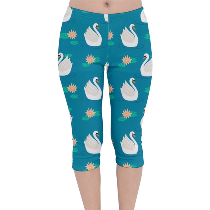 Elegant swan pattern with water lily flowers Velvet Capri Leggings 