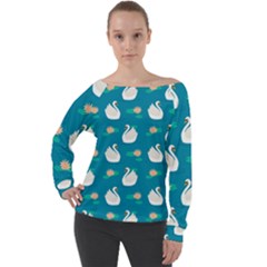 Elegant Swan Pattern With Water Lily Flowers Off Shoulder Long Sleeve Velour Top by BangZart