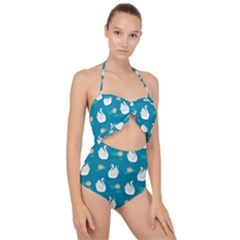 Elegant Swan Pattern With Water Lily Flowers Scallop Top Cut Out Swimsuit