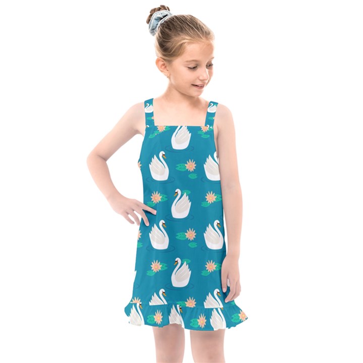 Elegant swan pattern with water lily flowers Kids  Overall Dress