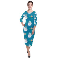 Elegant Swan Pattern With Water Lily Flowers Quarter Sleeve Midi Velour Bodycon Dress by BangZart