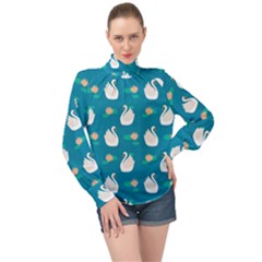 Elegant Swan Pattern With Water Lily Flowers High Neck Long Sleeve Chiffon Top by BangZart