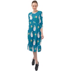 Elegant Swan Pattern With Water Lily Flowers Ruffle End Midi Chiffon Dress by BangZart