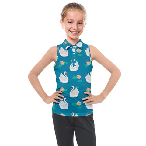 Elegant Swan Pattern With Water Lily Flowers Kids  Sleeveless Polo Tee by BangZart