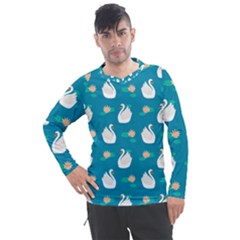 Elegant Swan Pattern With Water Lily Flowers Men s Pique Long Sleeve Tee