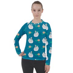 Elegant Swan Pattern With Water Lily Flowers Women s Pique Long Sleeve Tee