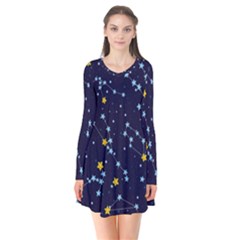 Seamless Pattern With Cartoon Zodiac Constellations Starry Sky Long Sleeve V-neck Flare Dress by BangZart