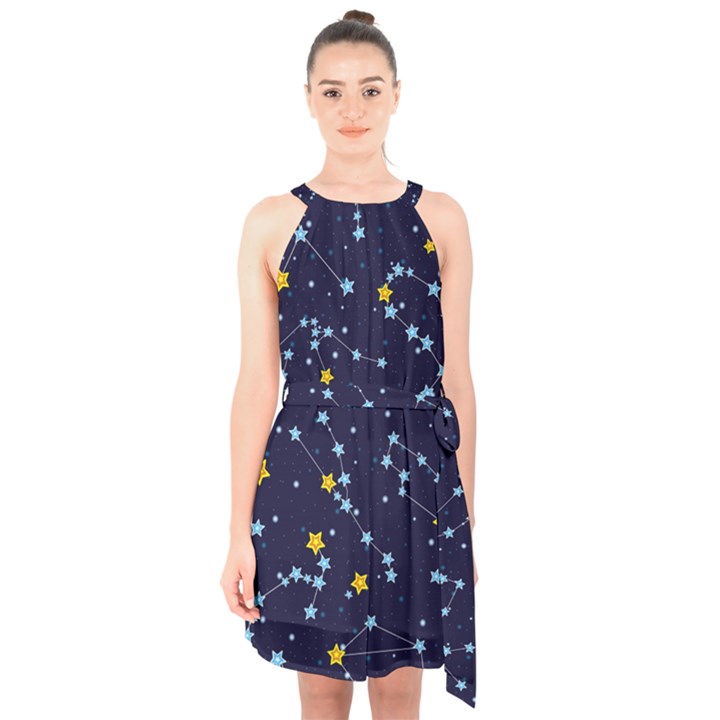 Seamless pattern with cartoon zodiac constellations starry sky Halter Collar Waist Tie Chiffon Dress