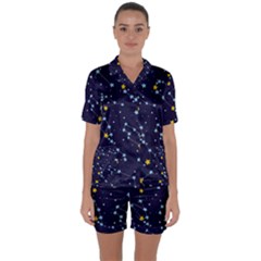 Seamless Pattern With Cartoon Zodiac Constellations Starry Sky Satin Short Sleeve Pyjamas Set by BangZart