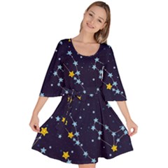 Seamless Pattern With Cartoon Zodiac Constellations Starry Sky Velour Kimono Dress by BangZart