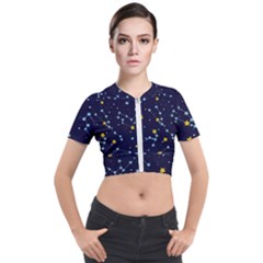 Seamless Pattern With Cartoon Zodiac Constellations Starry Sky Short Sleeve Cropped Jacket by BangZart