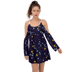 Seamless Pattern With Cartoon Zodiac Constellations Starry Sky Kimono Sleeves Boho Dress by BangZart