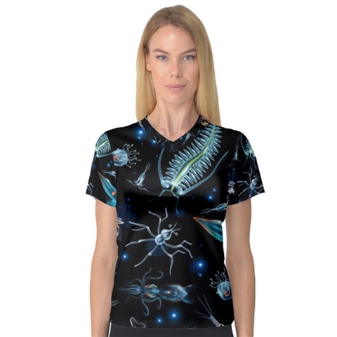 Colorful Abstract Pattern Consisting Glowing Lights Luminescent Images Marine Plankton Dark Background V-neck Sport Mesh Tee by BangZart