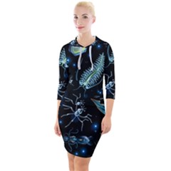 Colorful Abstract Pattern Consisting Glowing Lights Luminescent Images Marine Plankton Dark Background Quarter Sleeve Hood Bodycon Dress by BangZart