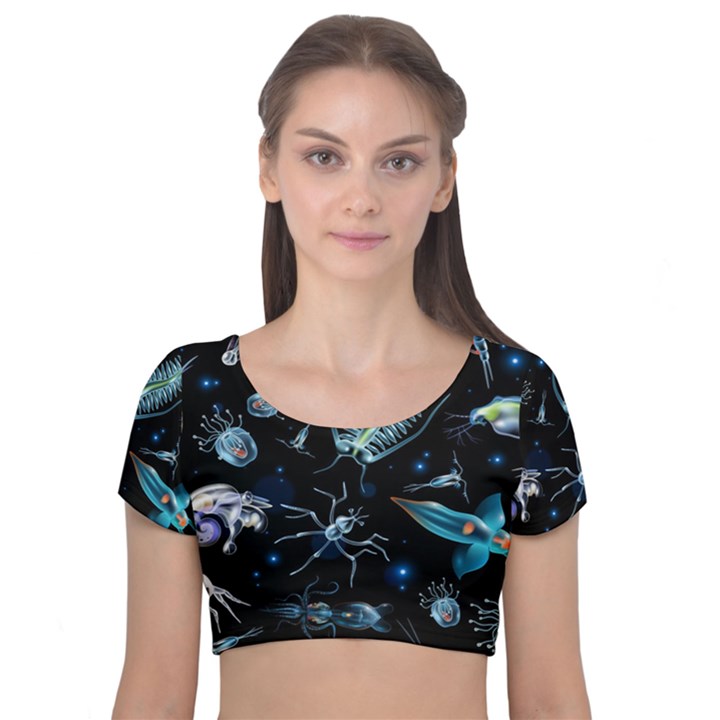 Colorful abstract pattern consisting glowing lights luminescent images marine plankton dark background Velvet Short Sleeve Crop Top 