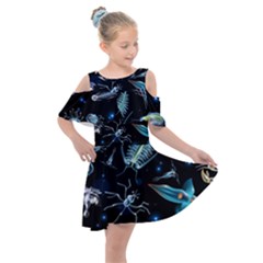 Colorful Abstract Pattern Consisting Glowing Lights Luminescent Images Marine Plankton Dark Background Kids  Shoulder Cutout Chiffon Dress by BangZart