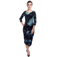 Colorful Abstract Pattern Consisting Glowing Lights Luminescent Images Marine Plankton Dark Background Quarter Sleeve Midi Velour Bodycon Dress by BangZart