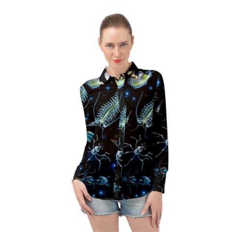 Colorful Abstract Pattern Consisting Glowing Lights Luminescent Images Marine Plankton Dark Background Long Sleeve Chiffon Shirt by BangZart