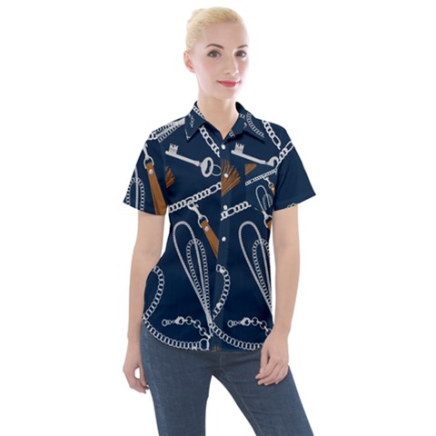 Chains Seamless Pattern Women s Short Sleeve Pocket Shirt by BangZart