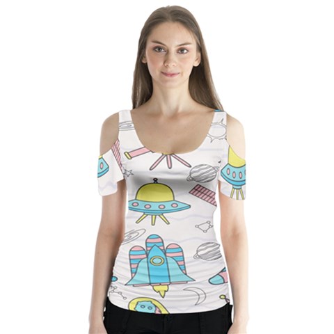 Cute Seamless Pattern With Space Butterfly Sleeve Cutout Tee  by BangZart