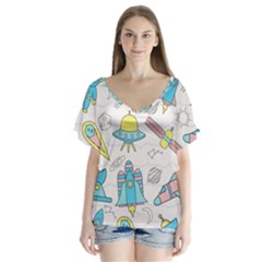 Cute Seamless Pattern With Space V-neck Flutter Sleeve Top by BangZart