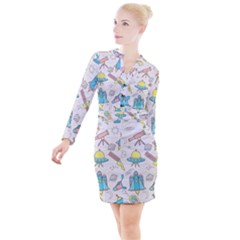 Cute Seamless Pattern With Space Button Long Sleeve Dress by BangZart