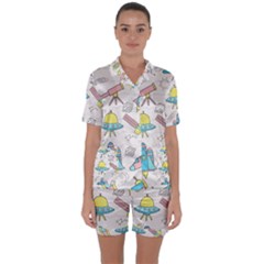 Cute Seamless Pattern With Space Satin Short Sleeve Pyjamas Set by BangZart