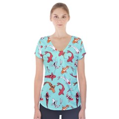 Pattern With Koi Fishes Short Sleeve Front Detail Top by BangZart