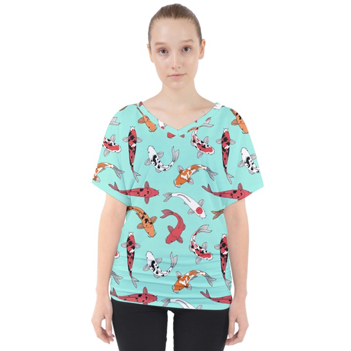 Pattern with koi fishes V-Neck Dolman Drape Top