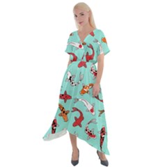 Pattern With Koi Fishes Cross Front Sharkbite Hem Maxi Dress by BangZart