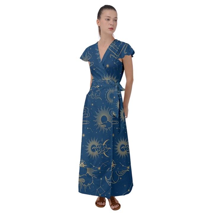 Seamless galaxy pattern Flutter Sleeve Maxi Dress