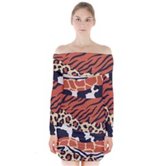 Mixed Animal Skin Print Safari Textures Mix Leopard Zebra Tiger Skins Patterns Luxury Animals Texture Long Sleeve Off Shoulder Dress